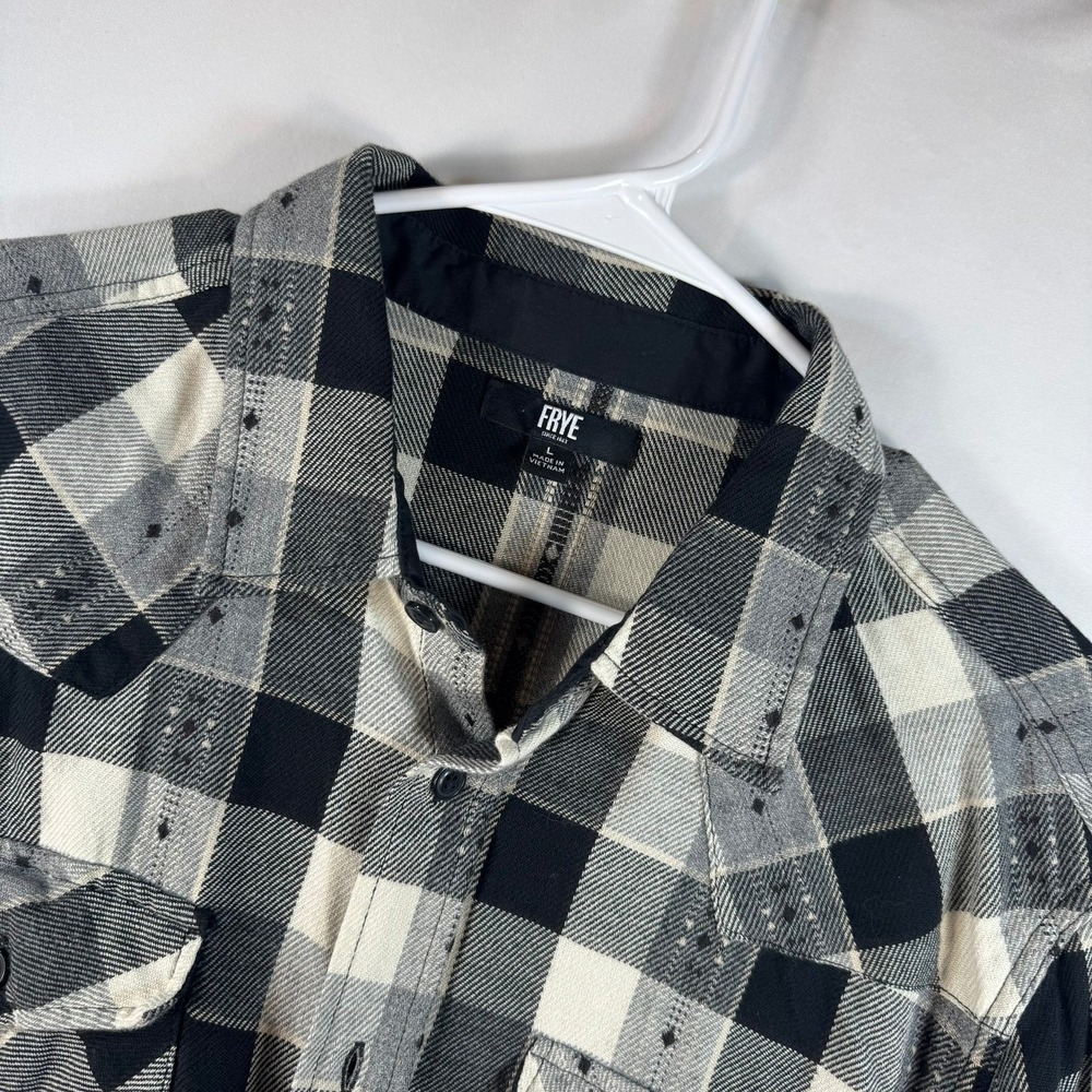Frye Mens Large Black White Buffalo Plaid Western Flannel Button Down Shirt L